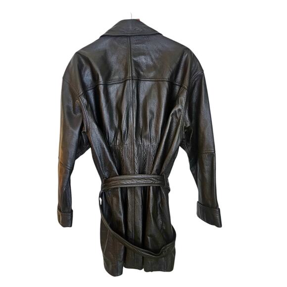 Together! Vintage Dark Brown Leather Double Breasted Trench Coat with Belt - Picture 2 of 11